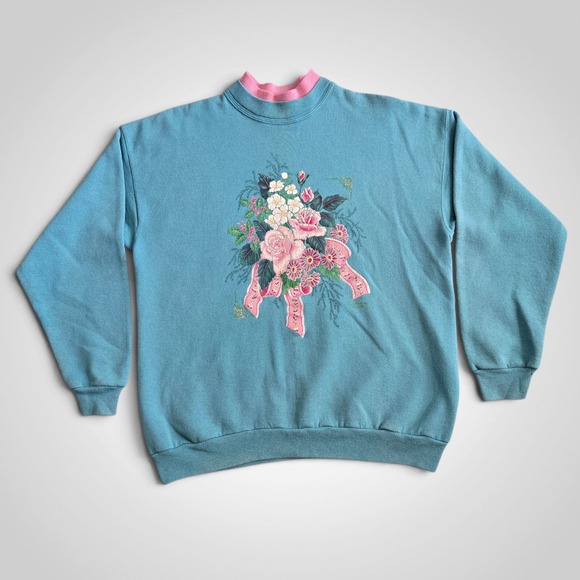 morning sun Tops - Vintage Morning Sun Teal Blue Floral Double Neck Sweatshirt Made in USA Large